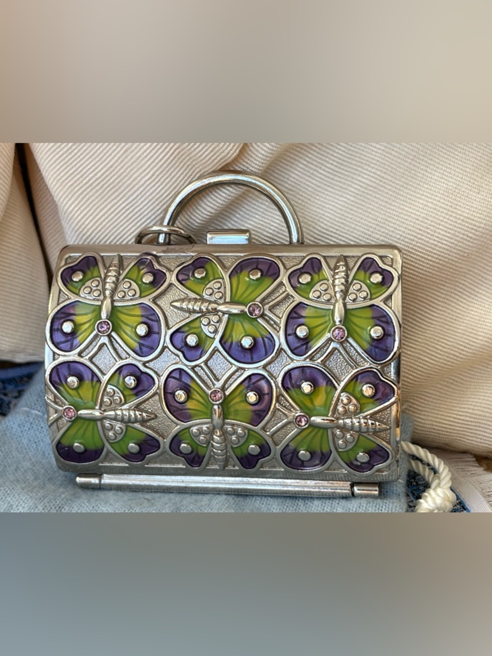 Judith Leiber Purple and Green Butterfly Minaudière Pillbox Trinket Box